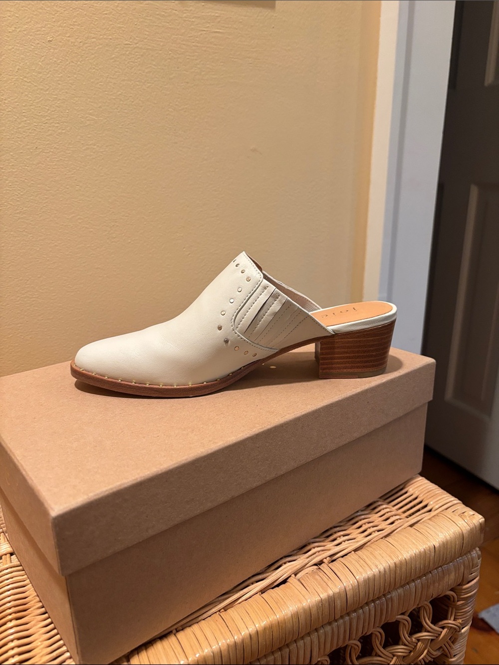 Joie Cream Leather Mule with Stacked Wood Heel and Stud Accents